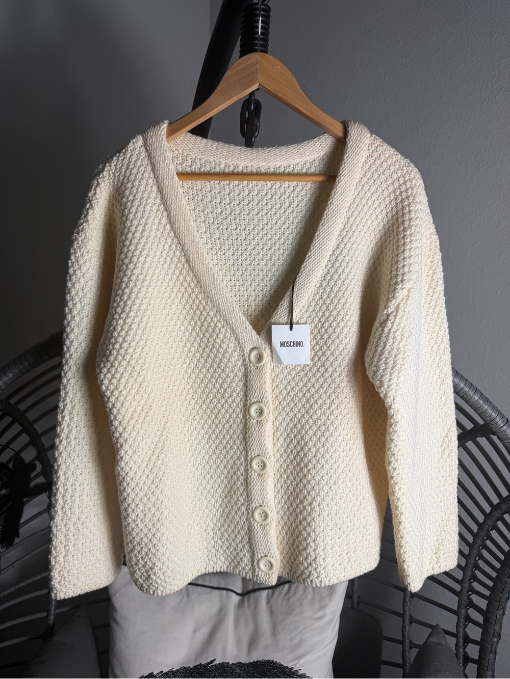 Moschino Ivory Textured V-Neck Button wool Cardigan USA 6